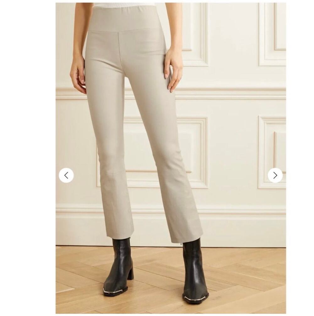 SPRWMN Leather Leggings Womens Large Cream Khaki Crop Flare Pants Pull On Soft